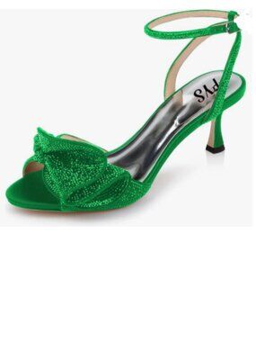 FYS Green Cute Rhinestones Bow Peep Toe High Heel Ankle Strap Sandals